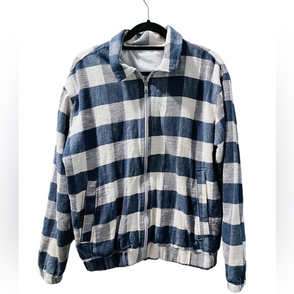 Zara Checkered Full Zip Embroidered Blue White Men's Jacket Size XL Plaid - Picture 1 of 7